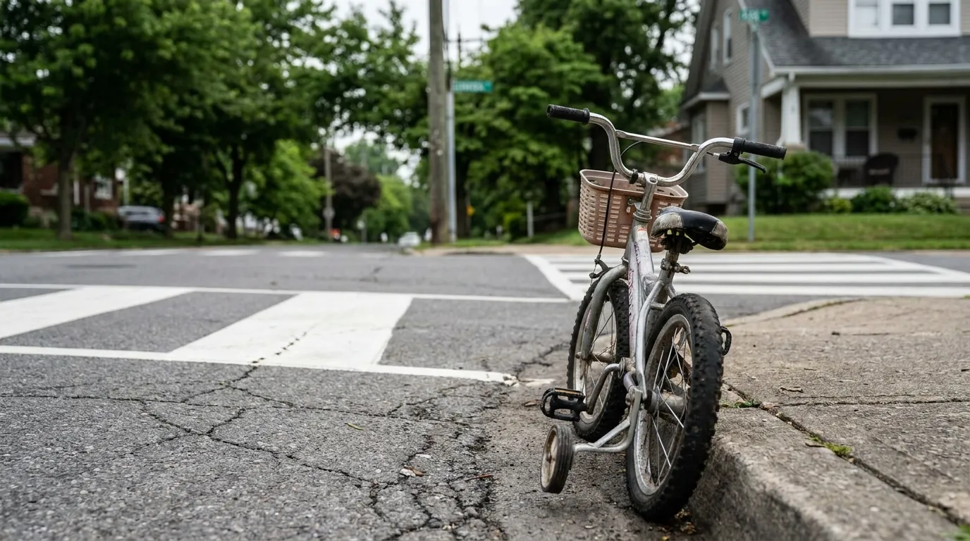 Ein kleines Kinderfahrrad mit Stützrädern, das auf einem vorstädtischen Gehweg neben einem Fußgängerübergang geparkt ist