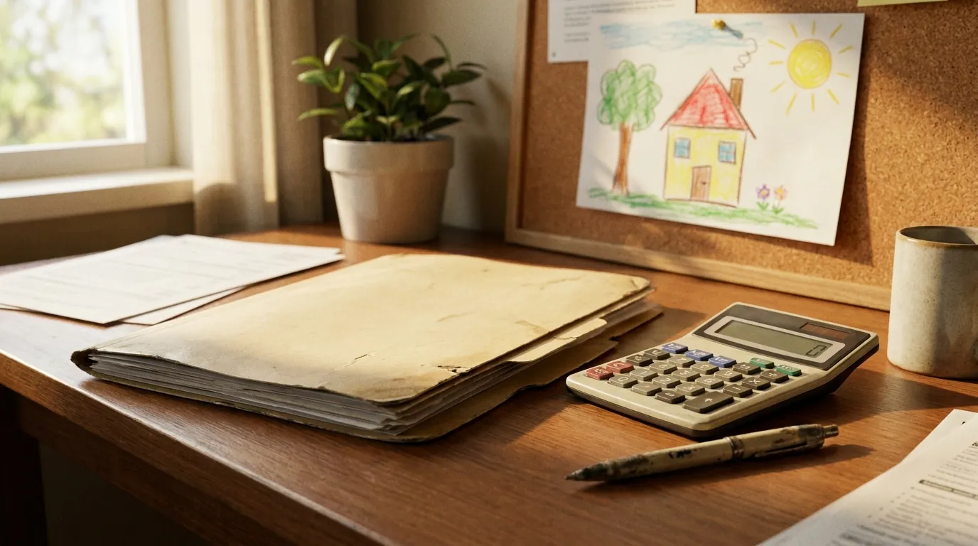 Una carpeta de declaración de la renta con una calculadora sobre un escritorio en casa, un dibujo infantil de fondo