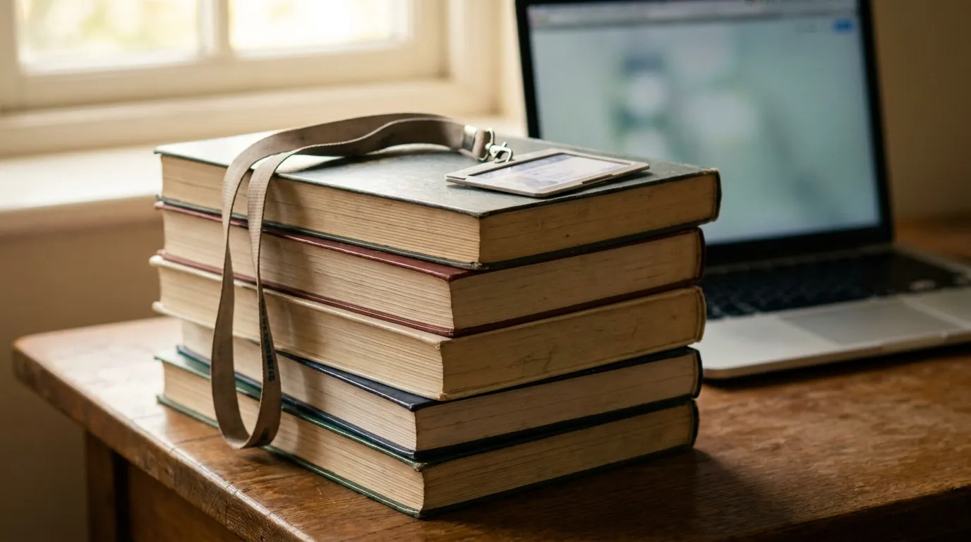 A stack of university textbooks and a student ID lanyard resting on a desk
