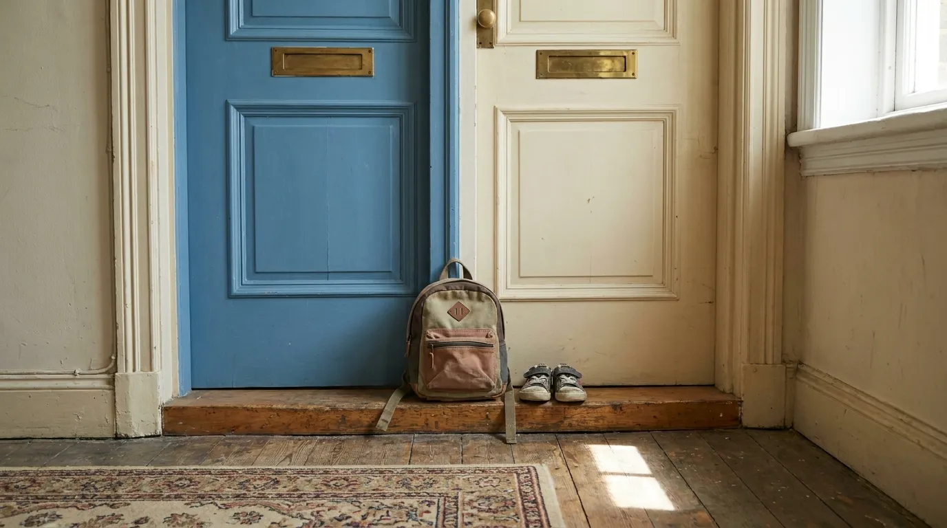 Una pequeña mochila infantil y un solo par de zapatos en el umbral entre dos puertas de apartamentos