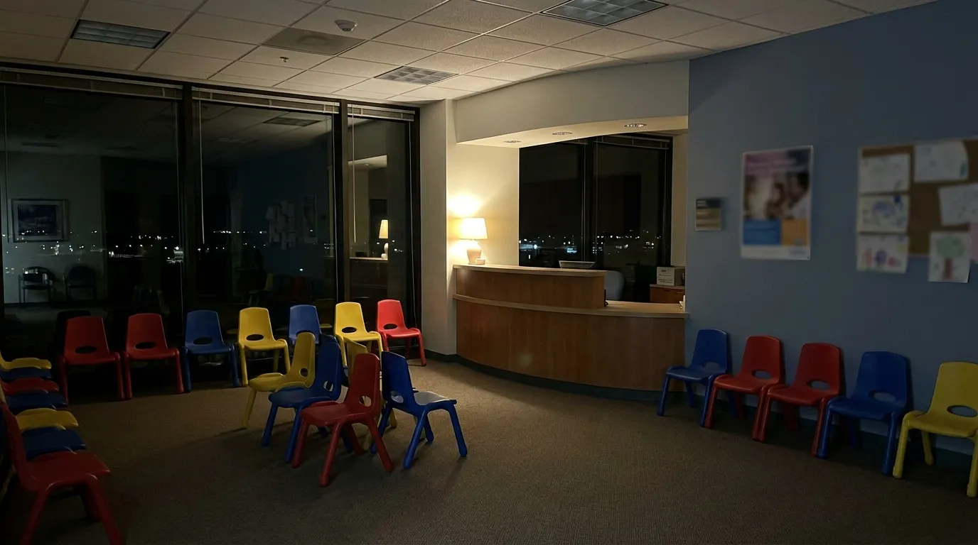 Una sala de espera vacía de hospital infantil con sillas pequeñas y un mostrador de recepción bajo, visto de noche con iluminación cálida