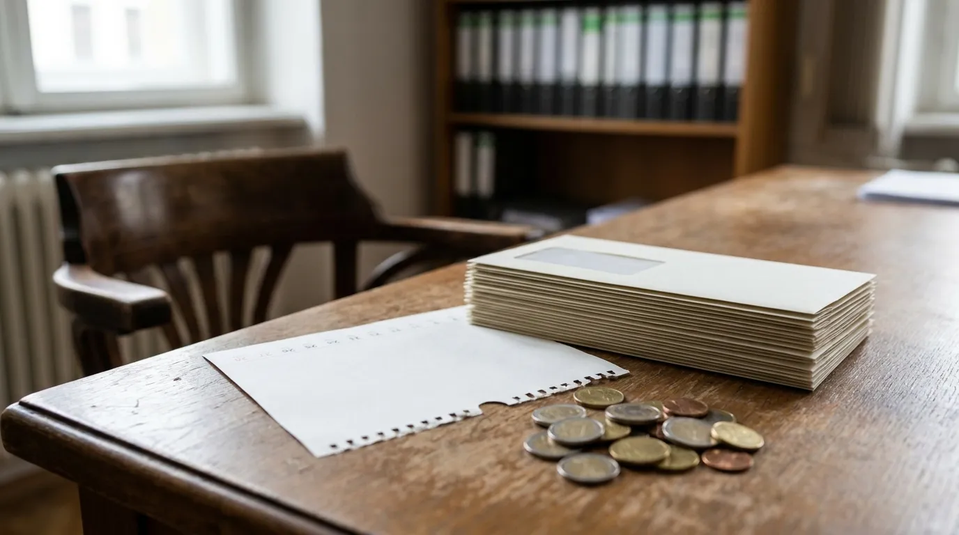 A stack of official-looking envelopes and a torn-off calendar page next to a set of euro coins on a table