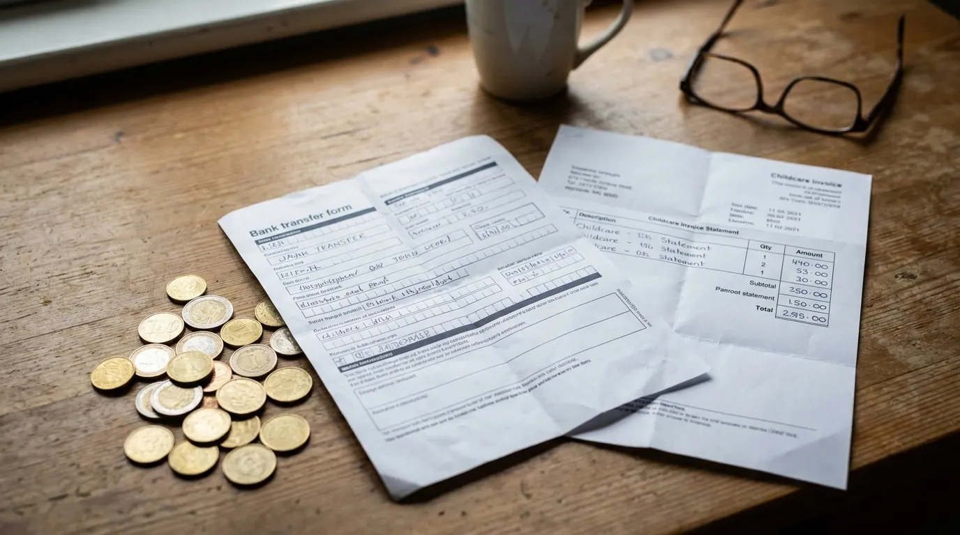 Un formulario de transferencia bancaria y una factura de cuidado infantil sobre un escritorio junto a monedas de euro