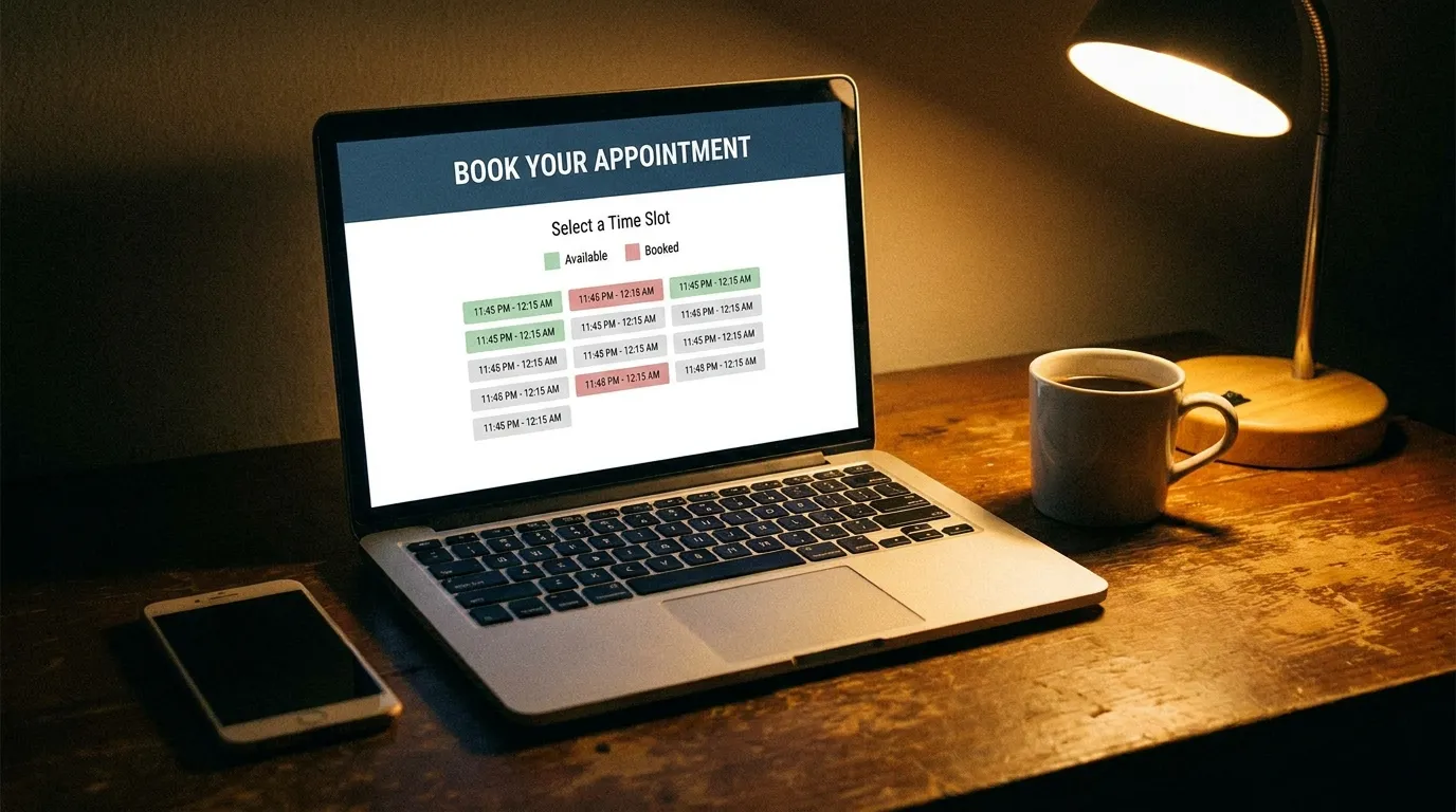 Ein Laptop-Bildschirm zeigt spät abends einen Online-Terminkalender, daneben liegen ein Smartphone und eine Tasse Kaffee