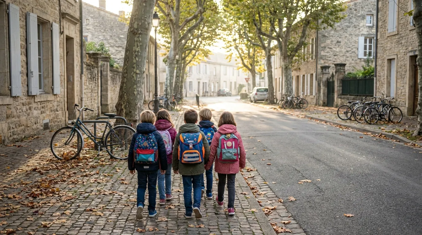Eine kleine Gruppe von Kindern mit Schulranzen läuft morgens gemeinsam über einen baumgesäumten Gehweg, von hinten fotografiert, keine Gesichter erkennbar