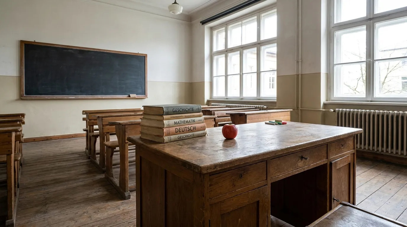 An empty classroom with a stack of textbooks, a chalkboard, and an apple on the teacher's desk