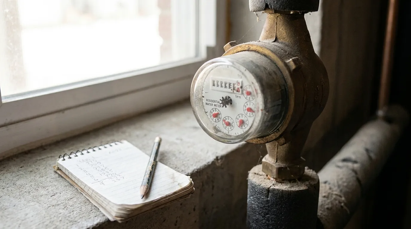A residential water meter mounted on a basement pipe with a notepad and pencil for recording readings
