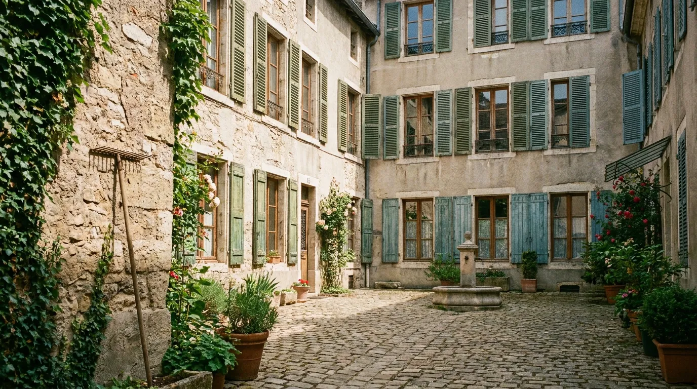 A quiet residential courtyard in Munich with closed windows and a garden tool leaning against a wall