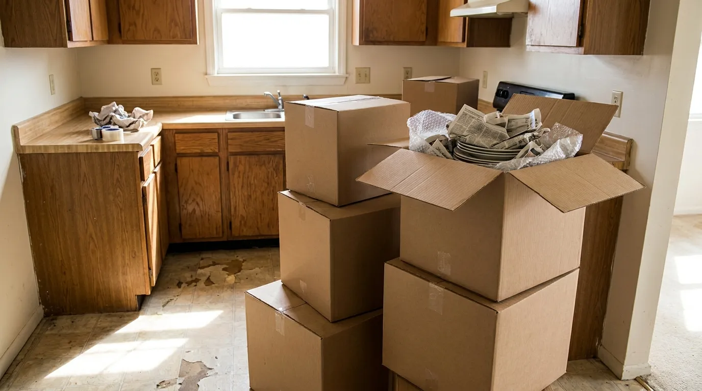 Cajas de mudanza de cartón apiladas en una cocina de apartamento vacía, una caja abierta mostrando platos envueltos