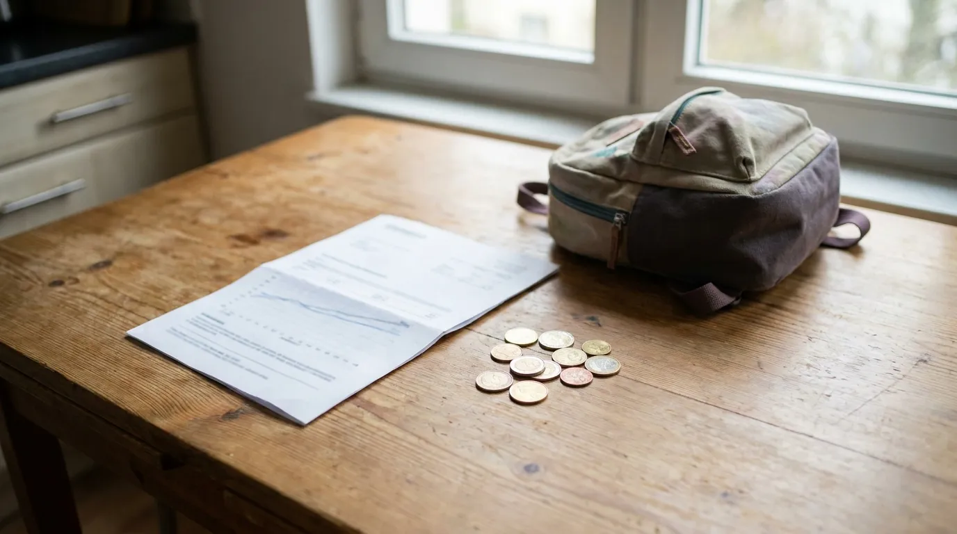 Eine monatliche Kita-Rechnung und Münzen liegen auf einem Küchentisch neben einem kleinen Kinderrucksack