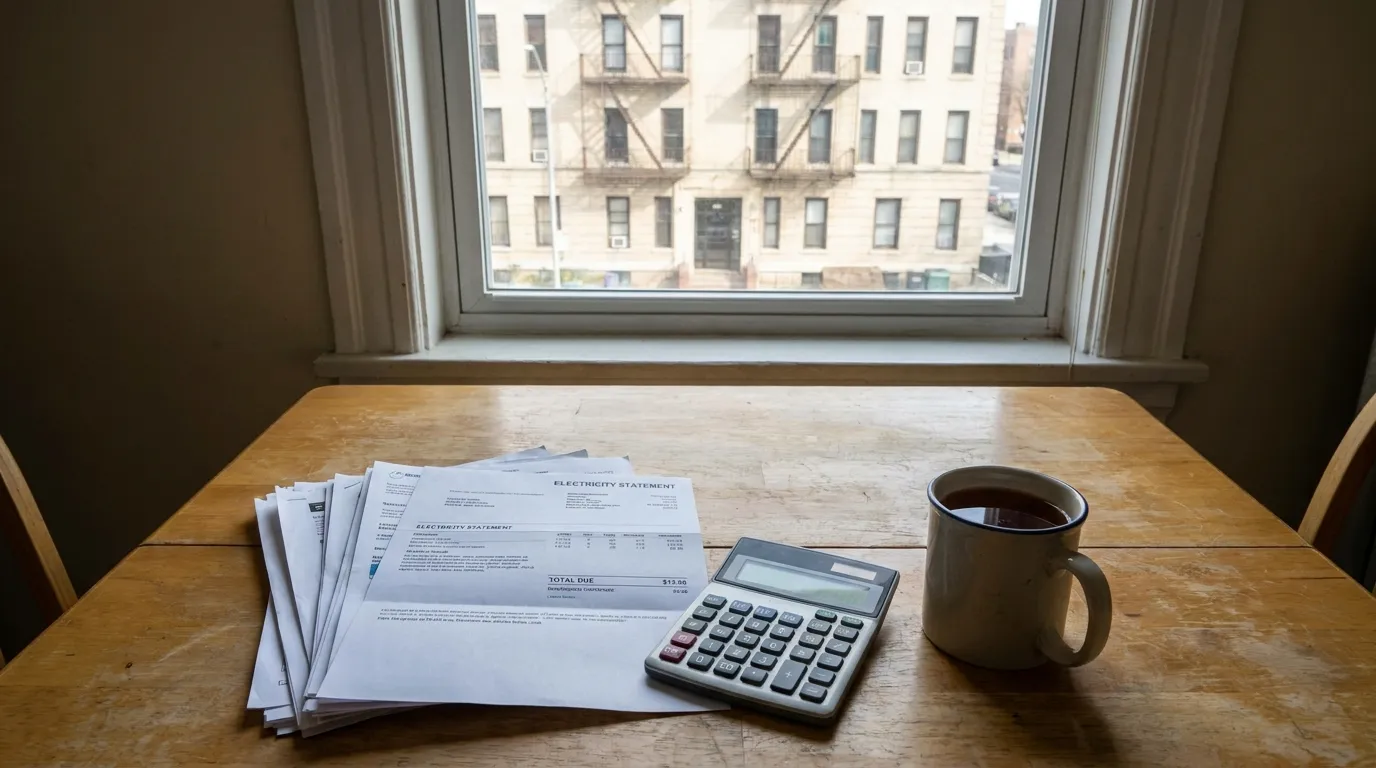 Una mesa de cocina con una factura de calefacción, una calculadora, y una taza de té, con un edificio de pisos residencial visible a través de la ventana