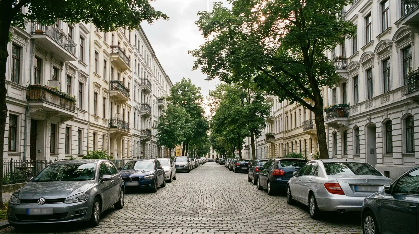 Eine Münchner Wohnstraße mit beidseitig geparkten Autos vor einer Reihe von Mehrfamilienhäusern