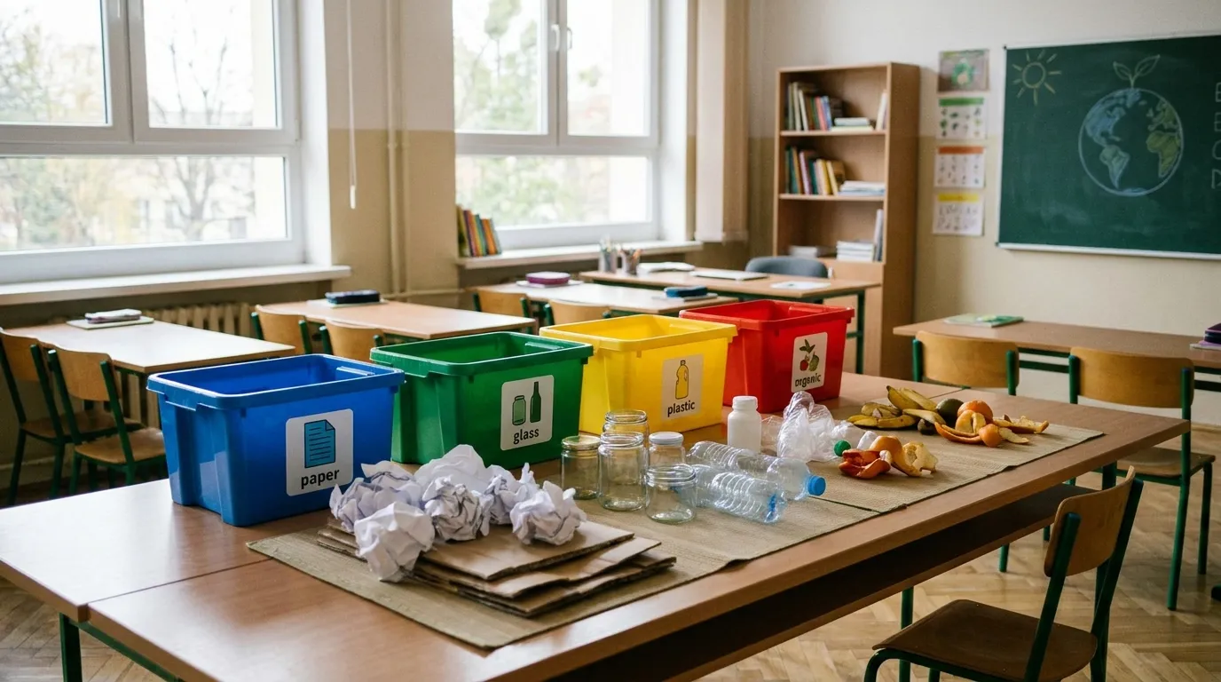 Ein Klassenzimmer mit bunten Sortierbehältern und Beispiel-Recyclingmaterial für eine Müll-Sortier-Übung mit Kindern