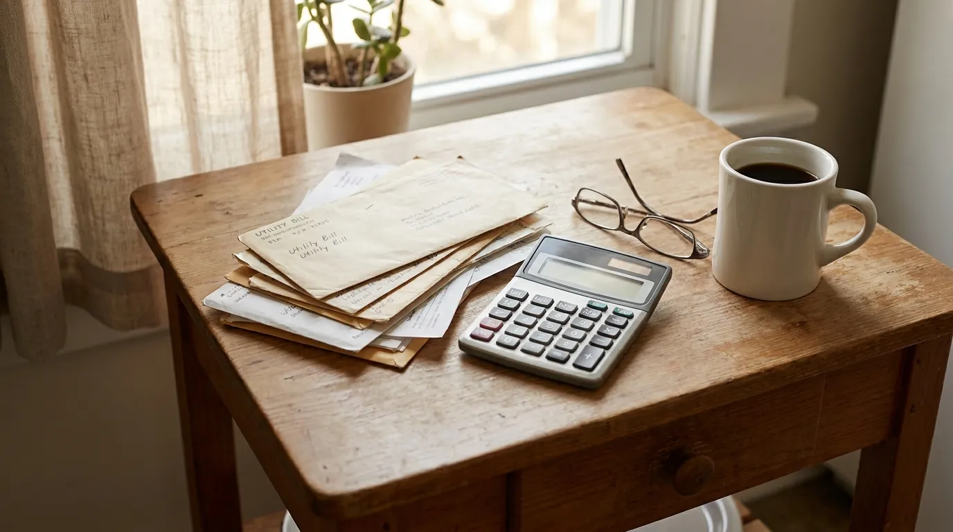 A stack of unpaid bills and a calculator on a kitchen table next to a cup of coffee