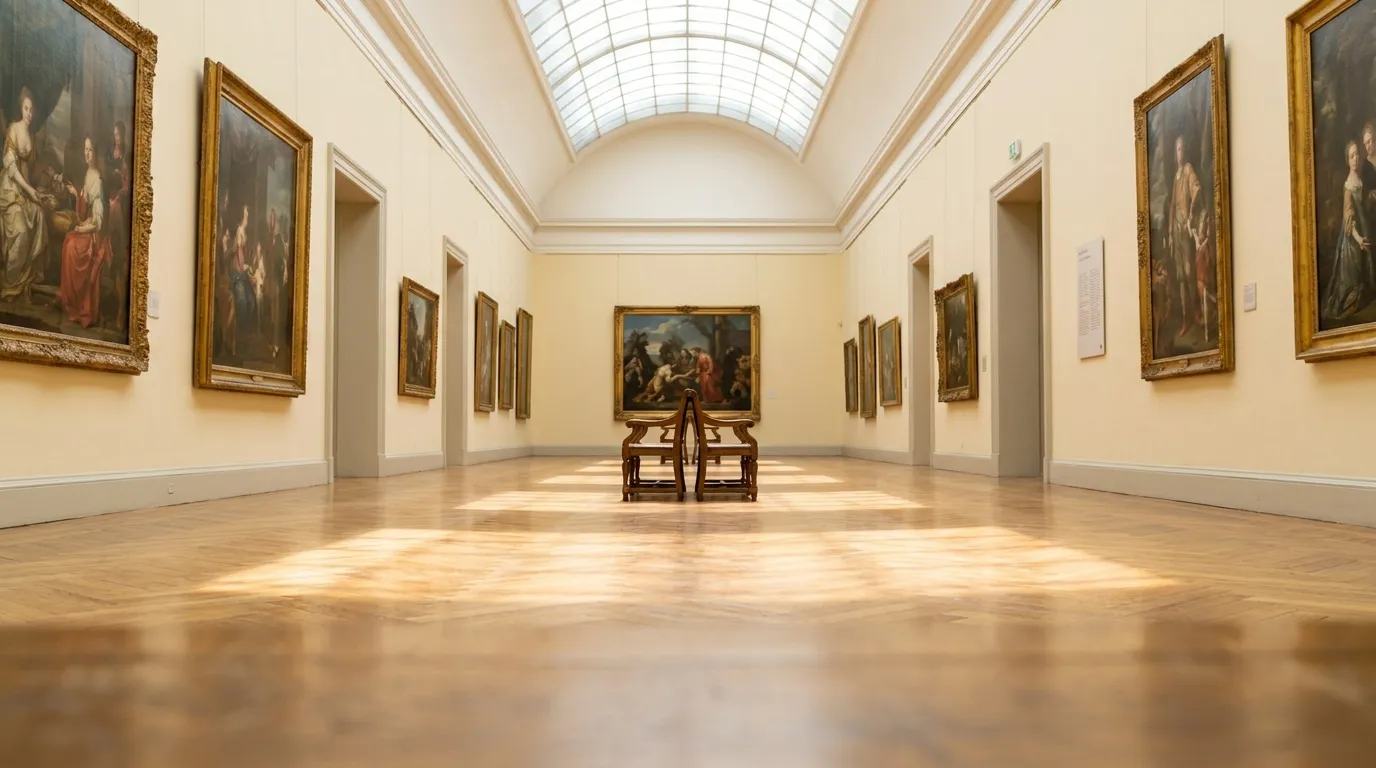 A quiet museum gallery hallway with framed paintings on pale walls and soft daylight from above, no people visible