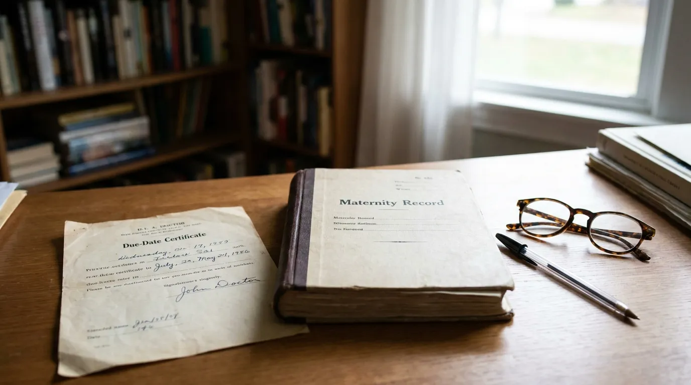 Un certificado médico con la fecha prevista de parto y una cartilla de embarazo sobre un escritorio junto a unas gafas de lectura