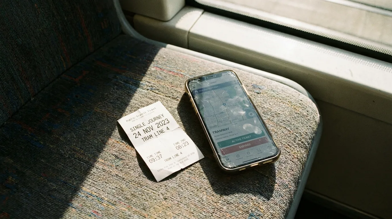Ein Papierfahrschein und ein Smartphone mit verblasstem Anzeigebildschirm einer Fahrschein-App auf einem leeren Straßenbahnsitz