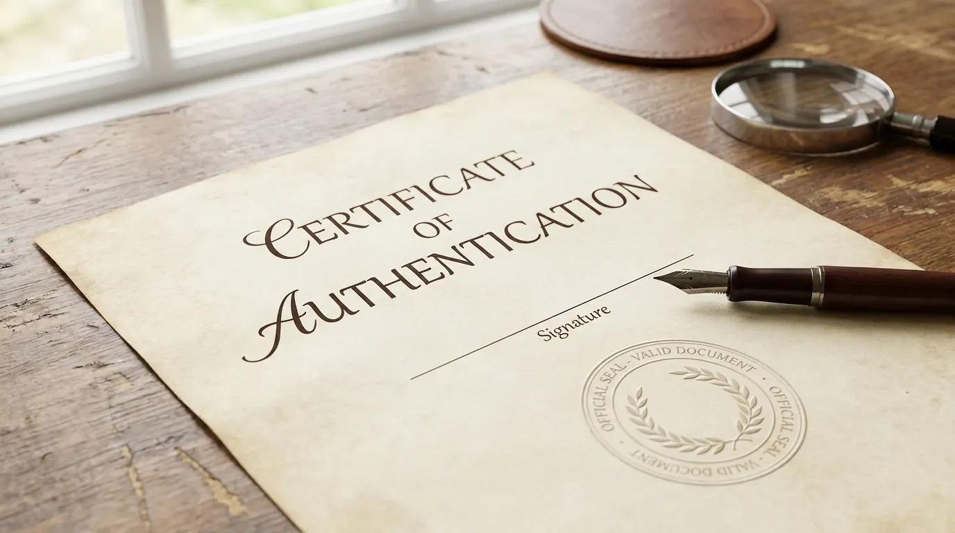 Un documento de certificado oficial genérico con un sello en relieve redondo y una pluma estilográfica reposando junto a él sobre un escritorio de madera