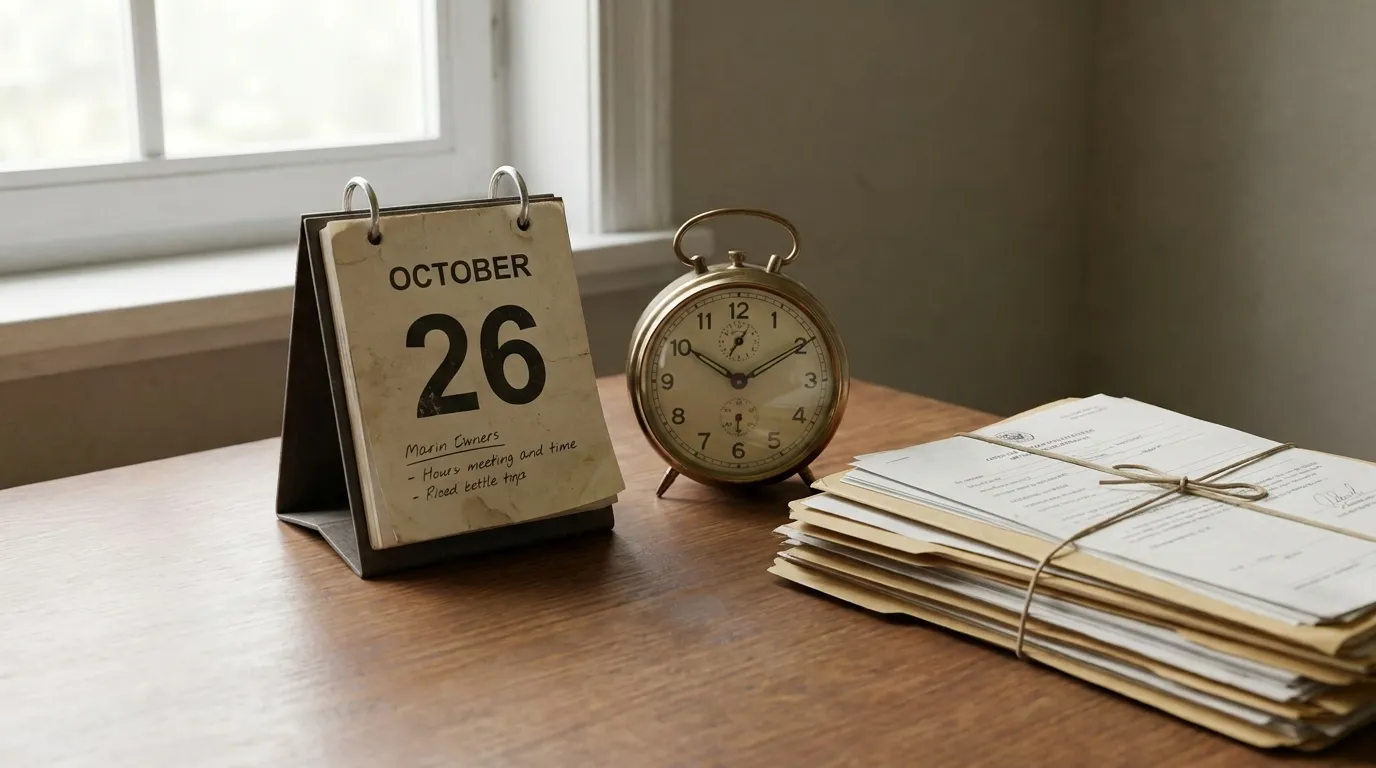 Ein Schreibtischkalender und eine analoge Uhr neben einem Stapel amtlicher Dokumente