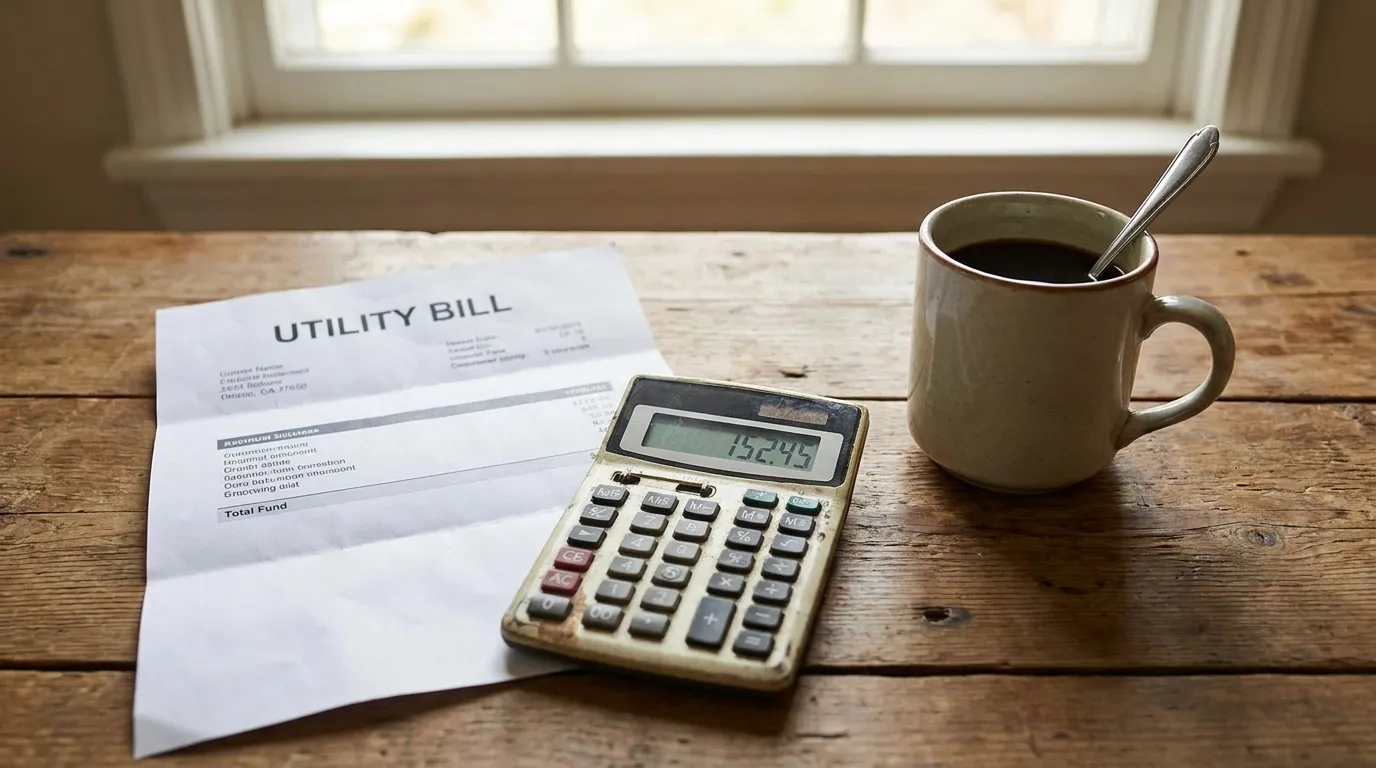 A utility bill and a pocket calculator resting on a kitchen table next to a cup of coffee