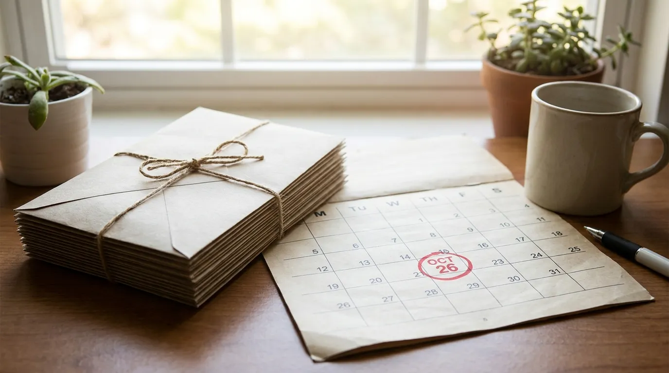 Ein ungeöffneter Stapel Briefumschläge und ein Wandkalender mit einem rot eingekreisten Datum