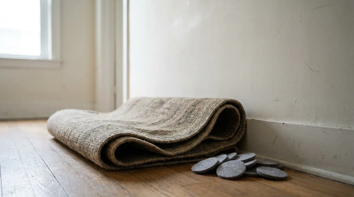 A folded area rug leaning against a wall next to a small stack of felt furniture pads, in a plain apartment hallway