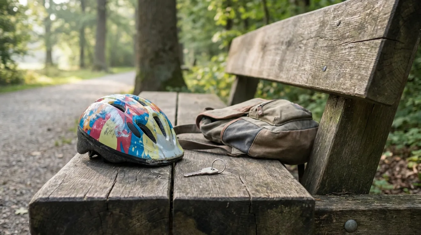 Ein Kinderfahrradhelm liegt auf einer Holzbank neben einem kleinen Rucksack und einem Haustürschlüssel