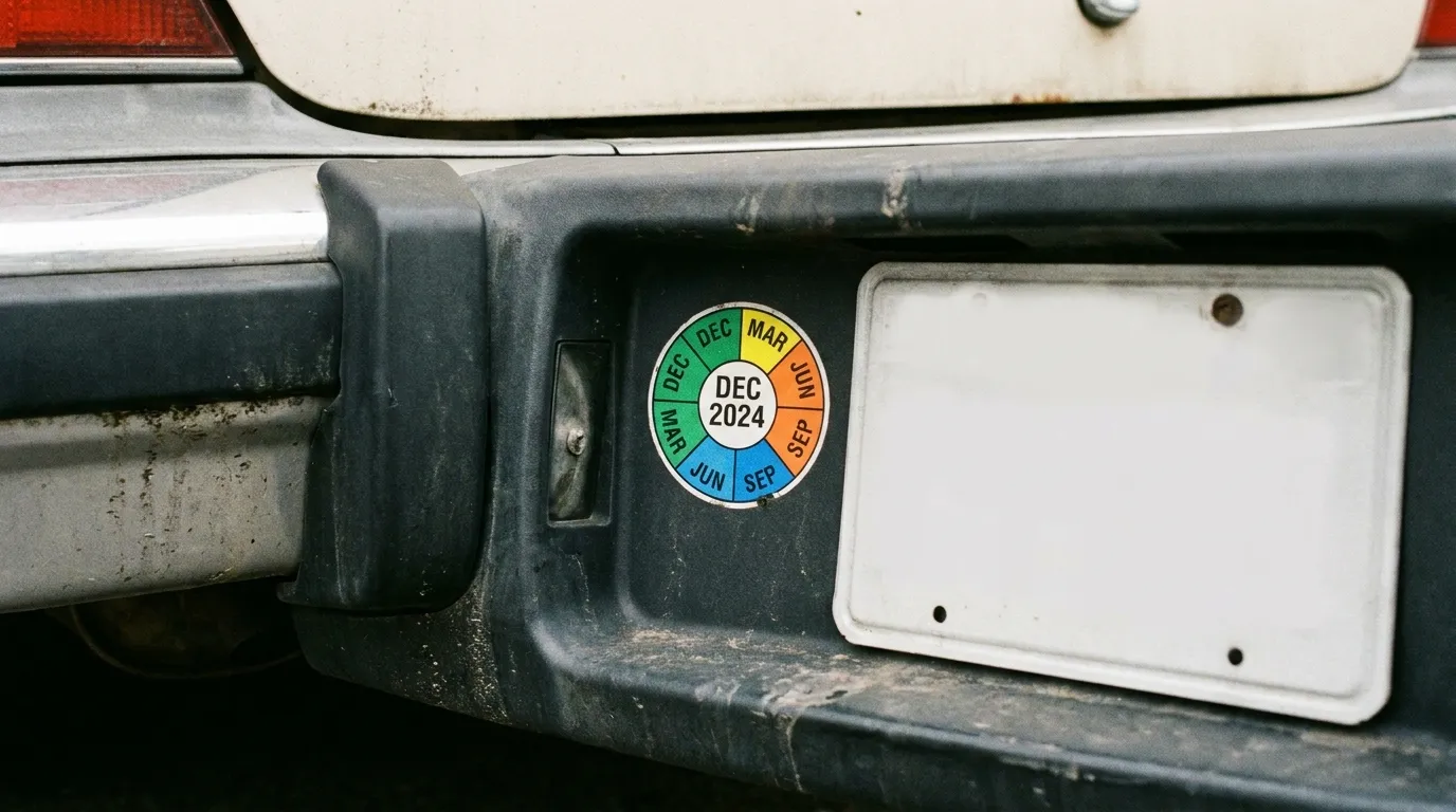 Eine Nahaufnahme des hinteren Kennzeichens eines Autos mit der runden Prüfplakette und ihrer Datums- und Farbkodierung