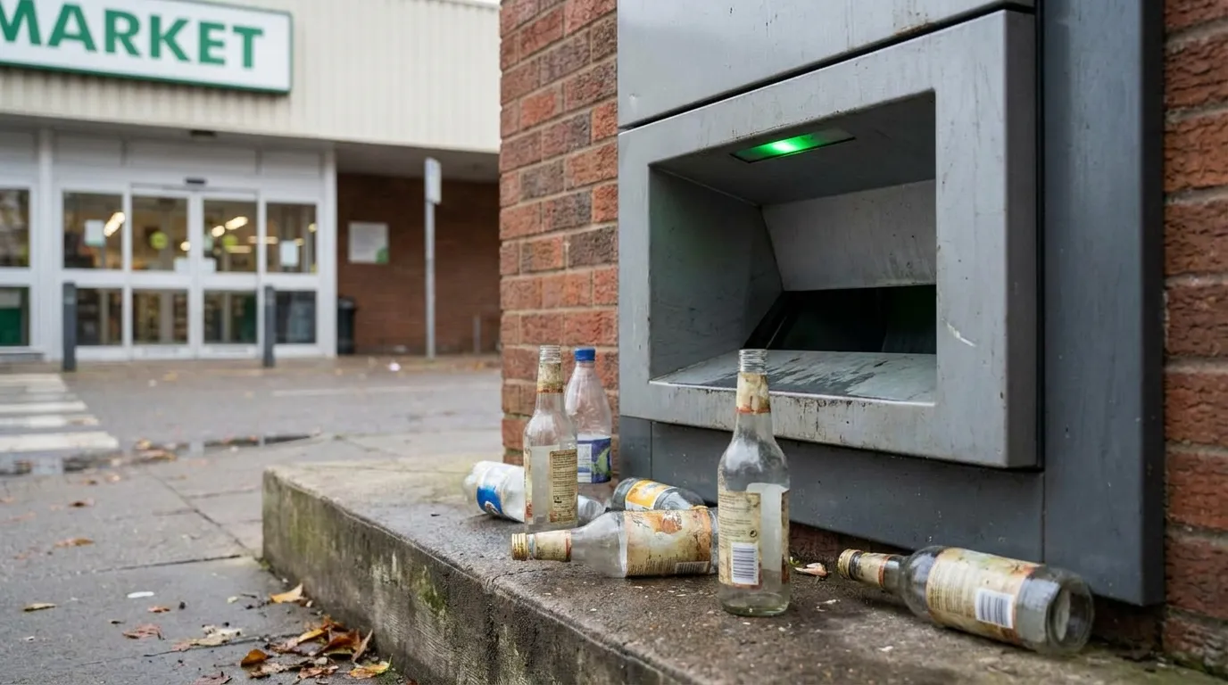 Ein Rückgabeschacht eines Pfandautomaten mit einigen leeren Glas- und Plastikflaschen in der Nähe eines Supermarkteingangs