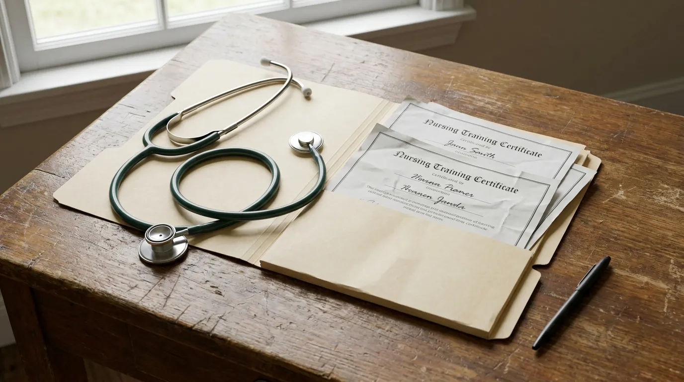 A stethoscope resting beside a folder of nursing training certificates and a pen on a desk