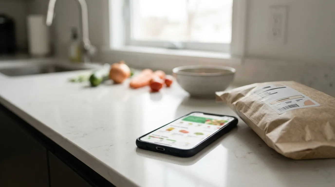 A smartphone showing a grocery app on a kitchen counter beside a delivered food package