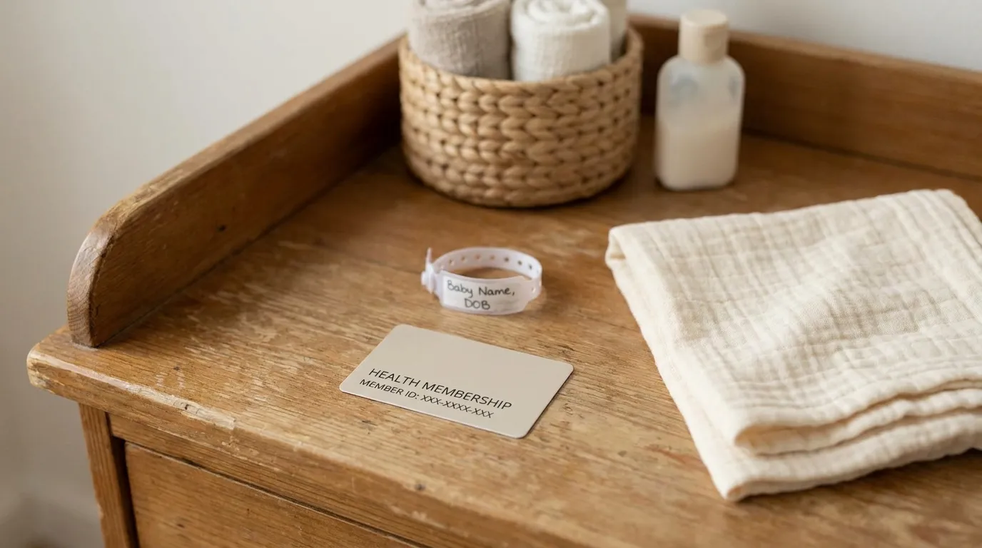 Eine Krankenversicherungskarte und ein Krankenhaus-Armband eines Neugeborenen auf einem Wickeltisch neben einem Mulltuch