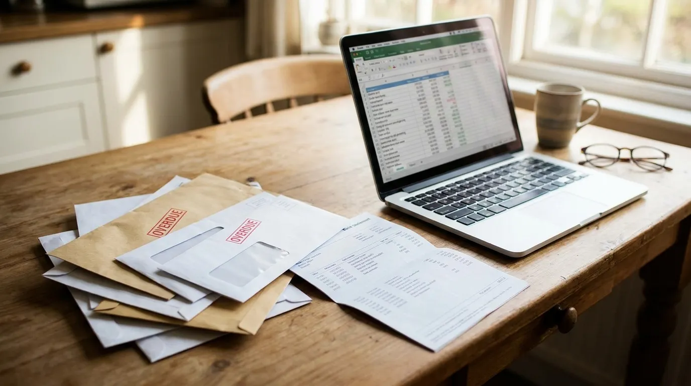 A stack of overdue rent notices and a bank statement next to an open laptop showing a landlord's payment demand letter