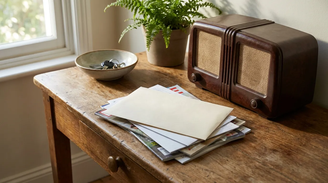 A plain official-looking envelope on top of a small stack of mail on a hallway table next to an old radio