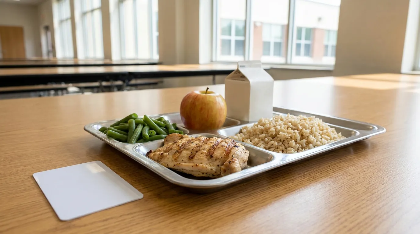 Ein Schultablett mit einfachem Mittagessen neben einer leeren Guthabenkarte