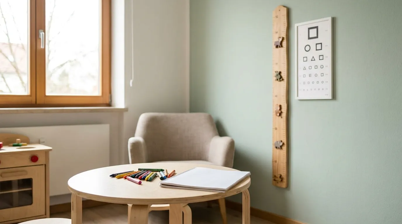 Una tabla de altura y visión infantil en la pared de una sala de examen pediátrica luminosa, junto a una pequeña mesa con lápices de colores y un bloc de dibujo