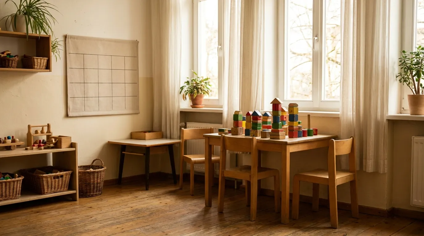 Eine leere, gemütliche Ecke in einem deutschen Kindergarten-Klassenzimmer mit kleinen Holzstühlen, bunten Bausteinen und einem leeren Wandkalender