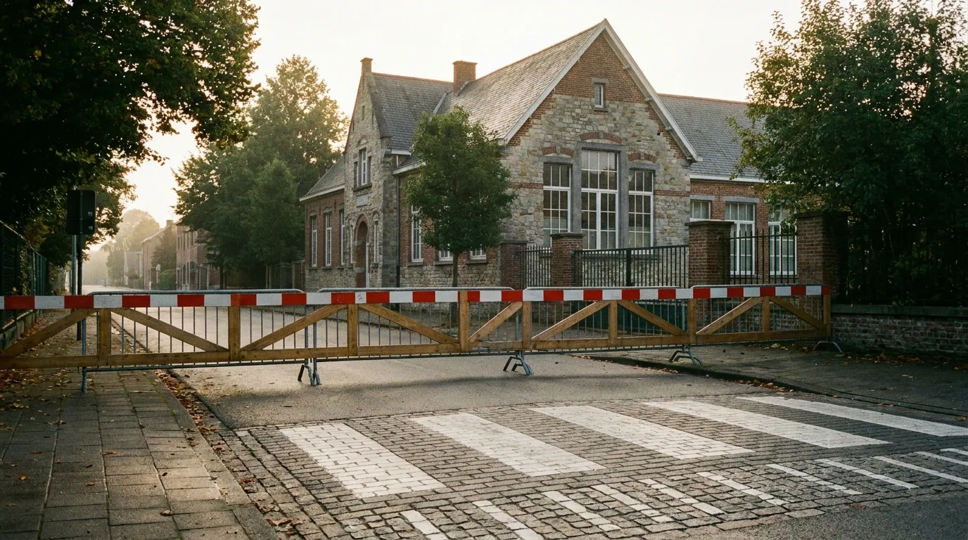A residential street with a road closure barrier and a pedestrian crossing near a school entrance