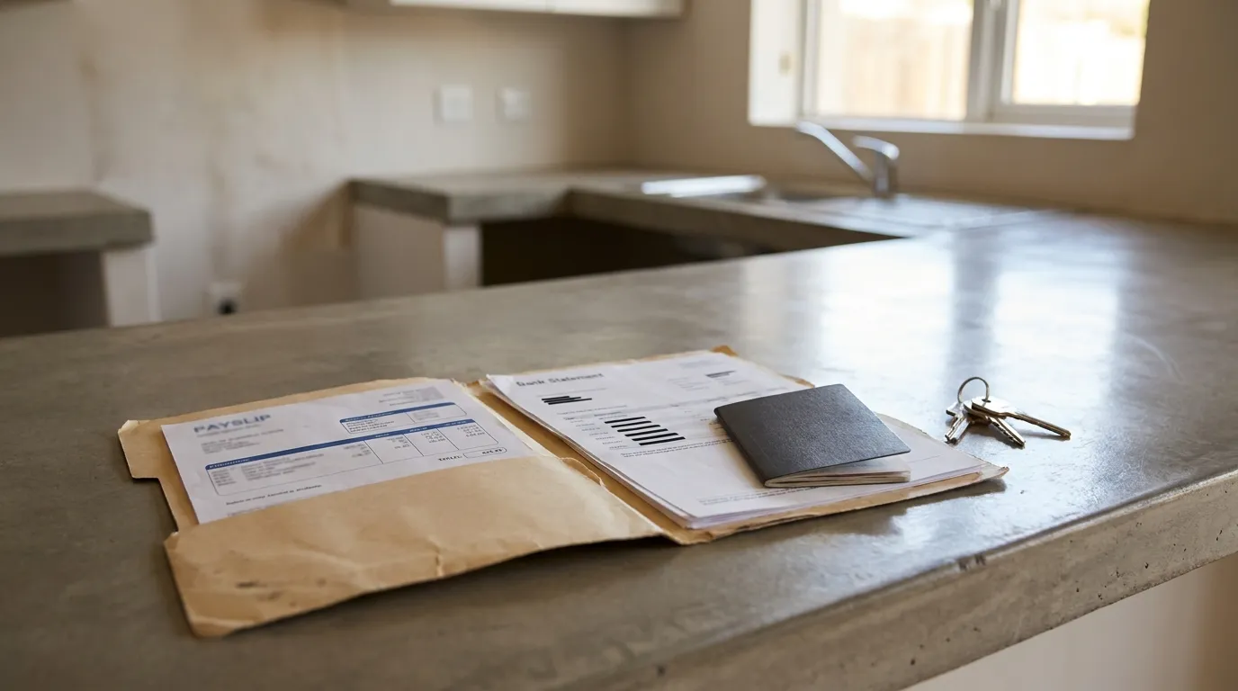 A rental application folder holding a payslip, bank statement, and passport on a kitchen counter in an empty apartment