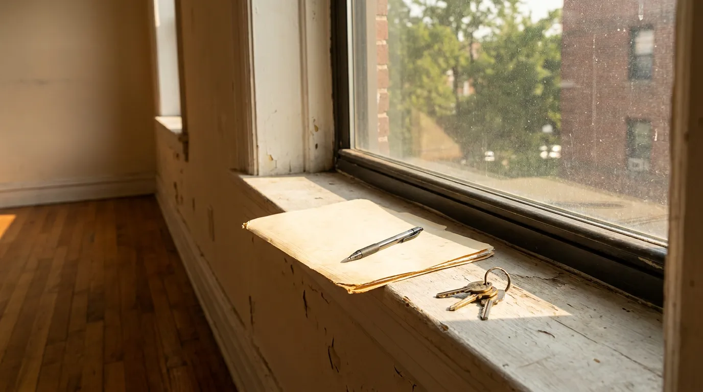 Una carpeta de anuncio de alquiler, un bolígrafo, y un juego de llaves sobre un alféizar soleado en una habitación de piso vacía