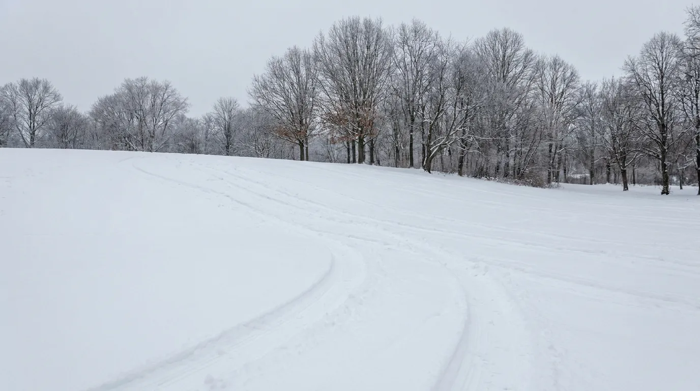 Ein schneebedeckter Parkhügel bei winterlichem Tageslicht mit Schlittenspuren im frischen Schnee, die den Hang hinabführen, kahle Bäume im Hintergrund