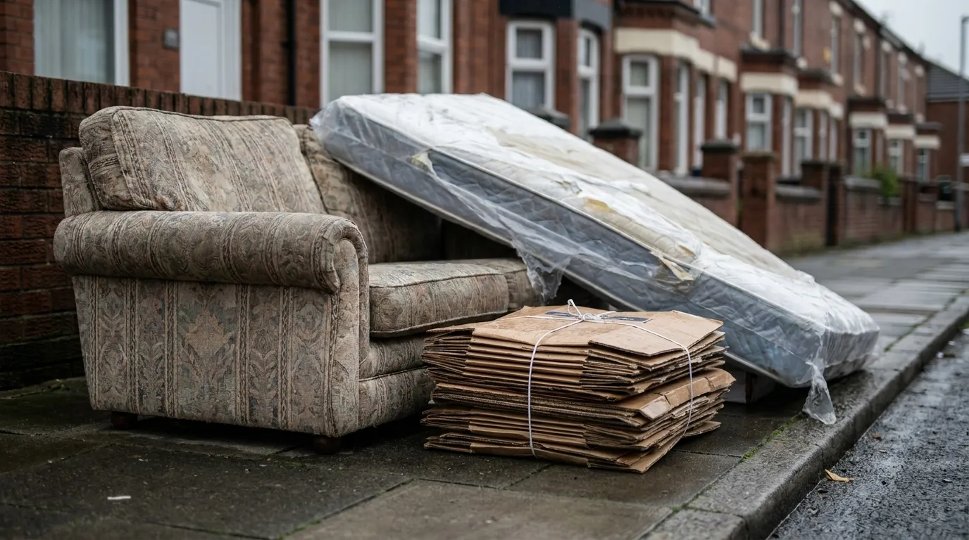 Ein altes Sofa, eine Matratze und mehrere Kartons ordentlich am Bordstein für die Sperrmüllabholung aufgestellt