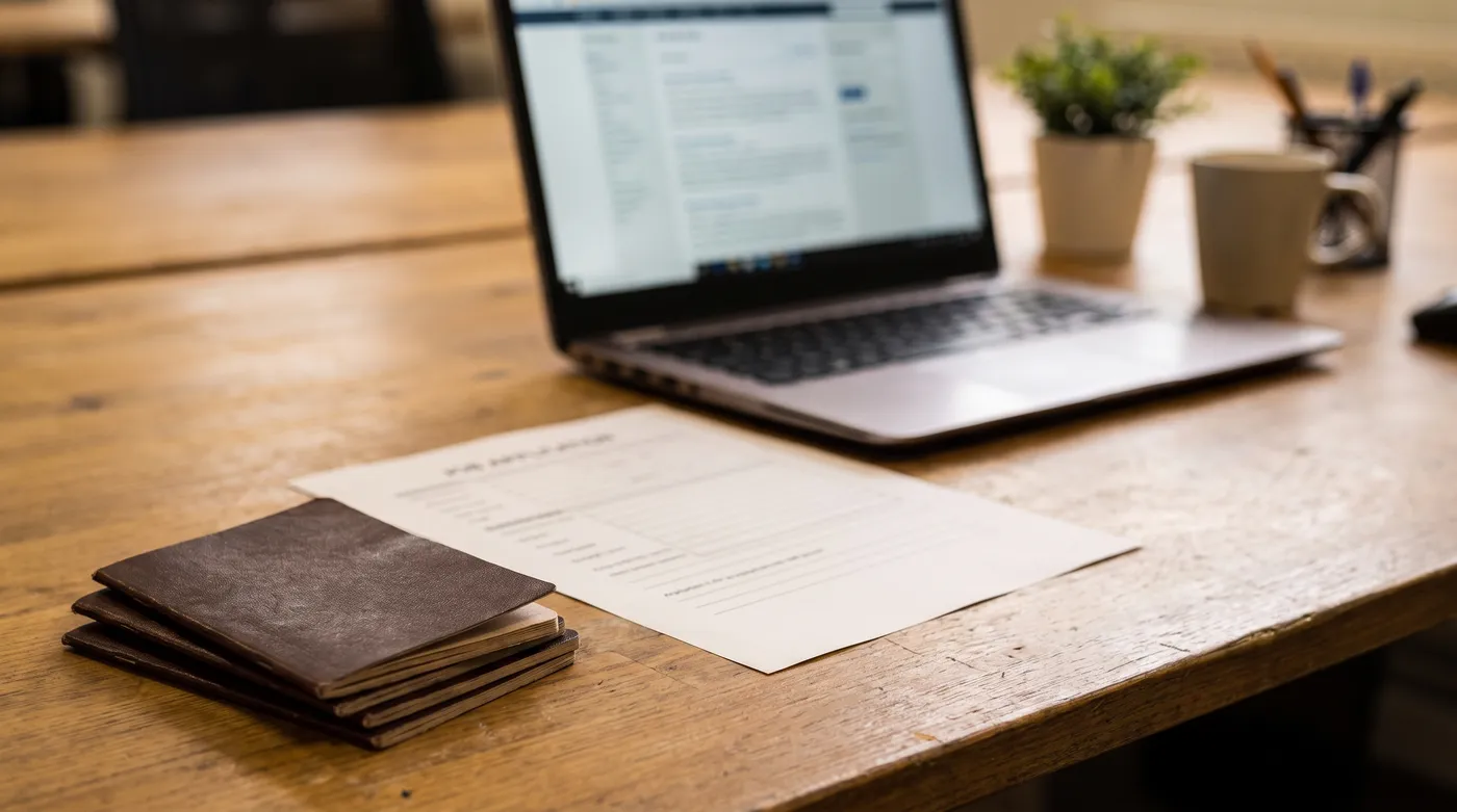 Ein Stapel passähnlicher Dokumente und ein ausgedrucktes Bewerbungsformular liegen neben einem Laptop mit einer unscharfen Stellenanzeige im Hintergrund