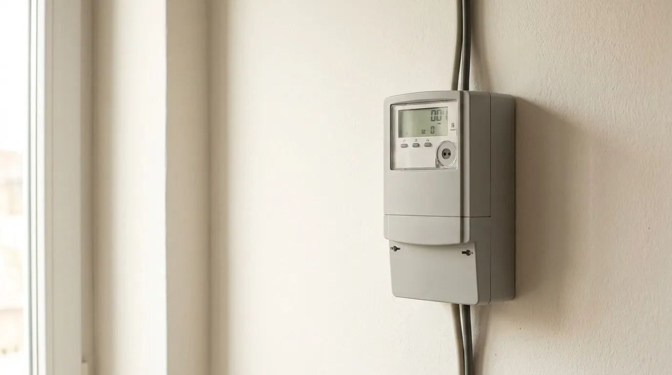 Ein moderner Stromzähler an einer Wand in einer Wohnung