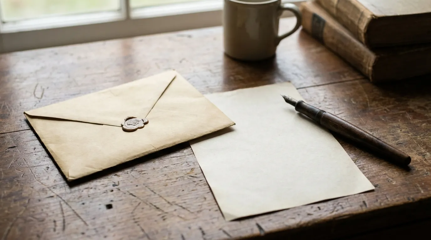 A plain sealed postal envelope and a blank official-looking letter resting on a desk next to a fountain pen