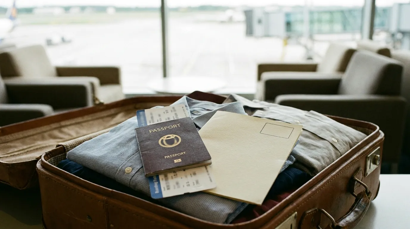 Ein Reisepass, eine Bordkarte und ein leeres amtliches Dokument liegen auf einem geöffneten Koffer