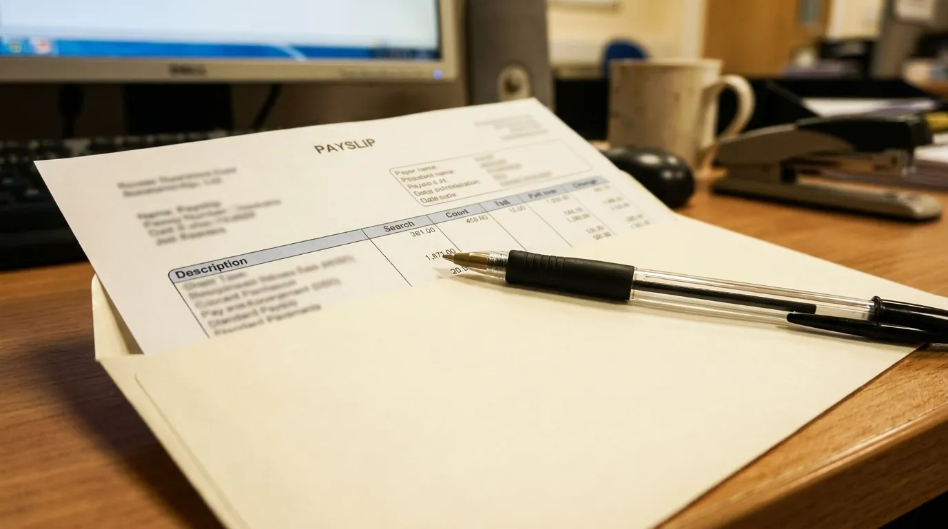 Ein allgemeines Gehaltsabrechnungsdokument und ein schlichter Umschlag auf einem Bürotisch mit einem darauf liegenden Stift