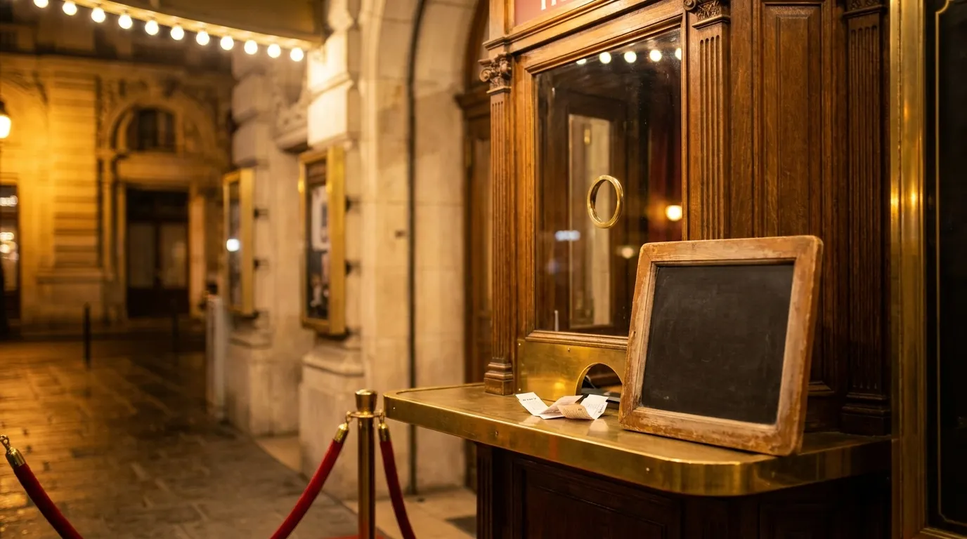 Ein schwach beleuchtetes Theaterkassenfenster bei Nacht mit einem Messingtresen, verstreuten Papier-Ticketabschnitten und warmem Lichterkettenschein darüber, keine Personen zu sehen