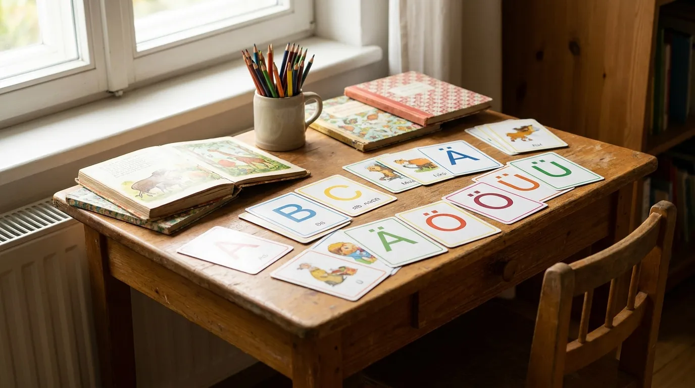 A small children's language-learning table with German alphabet flashcards spread out and a few picture books, colorful pencils in a cup nearby