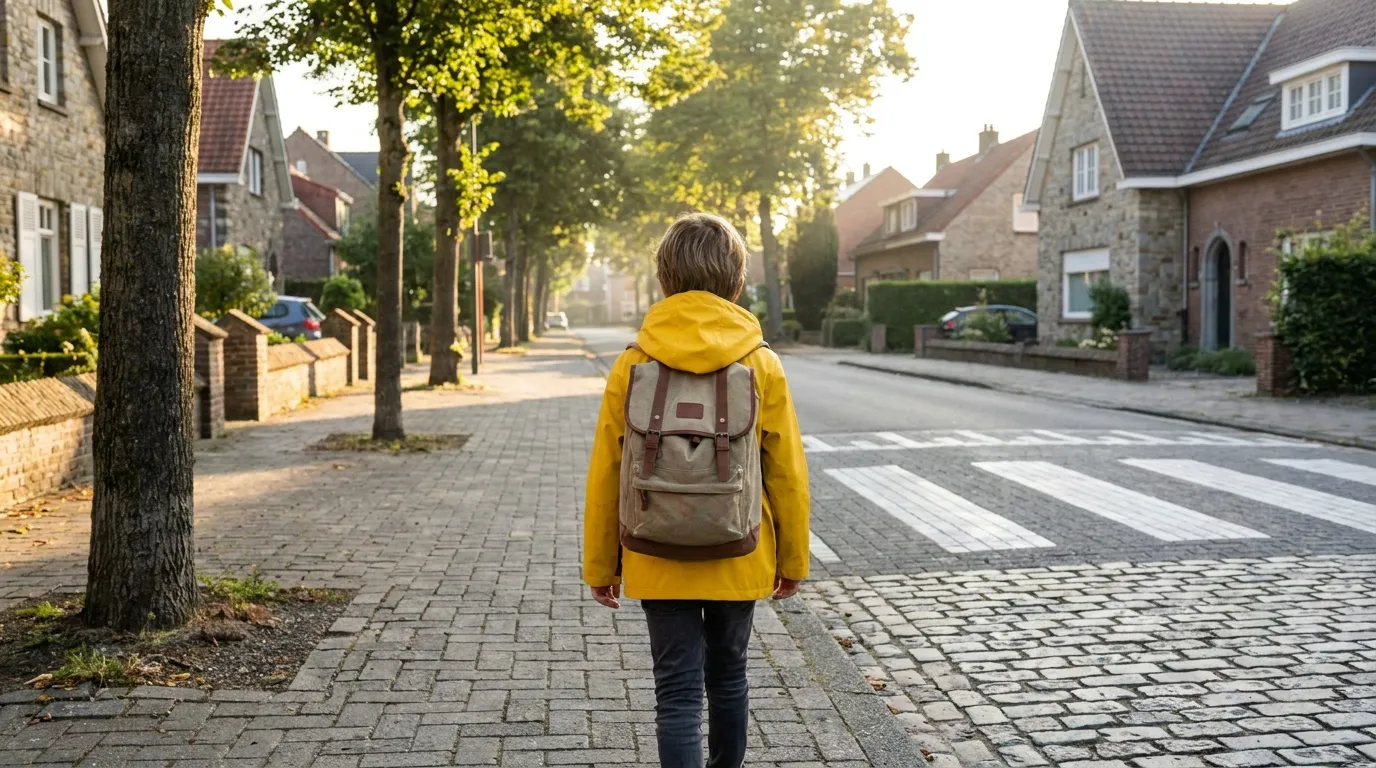 Ein Kind mit leuchtend gelber Jacke und Schulranzen läuft allein auf einem Gehweg in einem Wohngebiet auf einen Zebrastreifen zu